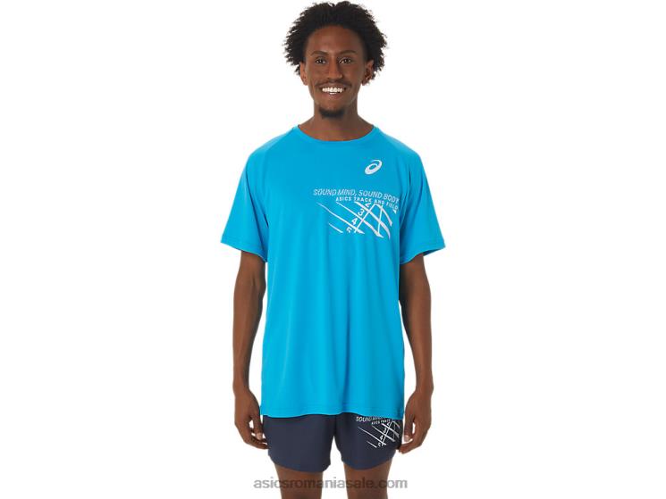 Asics albastru insula top cu mânecă scurtă grafică pentru bărbați ZF464237