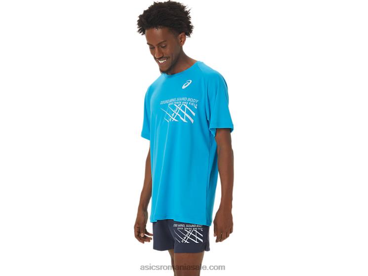 Asics albastru insula top cu mânecă scurtă grafică pentru bărbați ZF464237