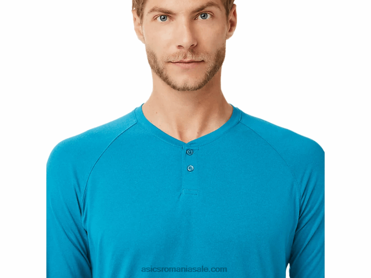 Asics teal blue heather henley cu mânecă lungă perf pentru bărbați ZF4642026