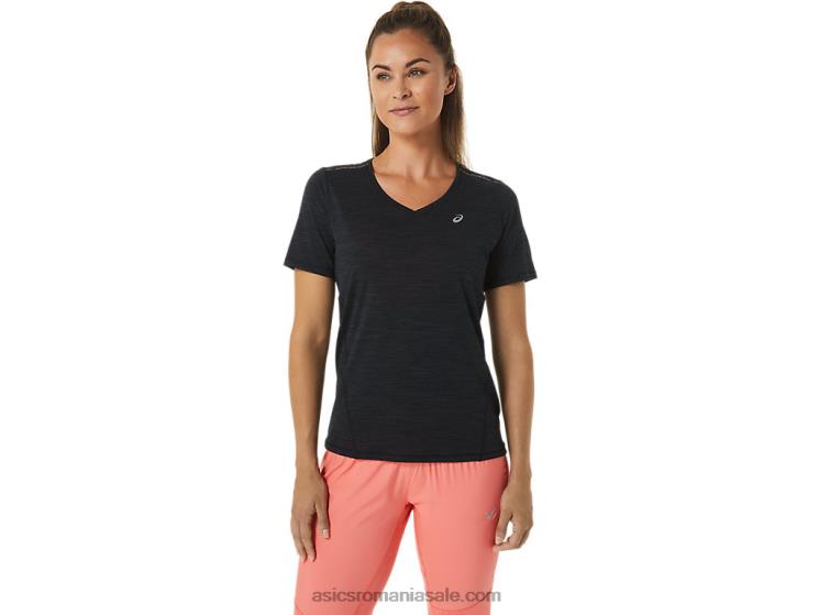 Asics negru de performanță/gri cărbune top cu mânecă scurtă cu decolteu în V de curse pentru femei ZF4642448