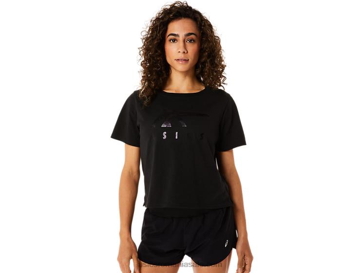 Asics negru de performanță tricou boxy cu mânecă scurtă în dungi pentru damă ZF4642815
