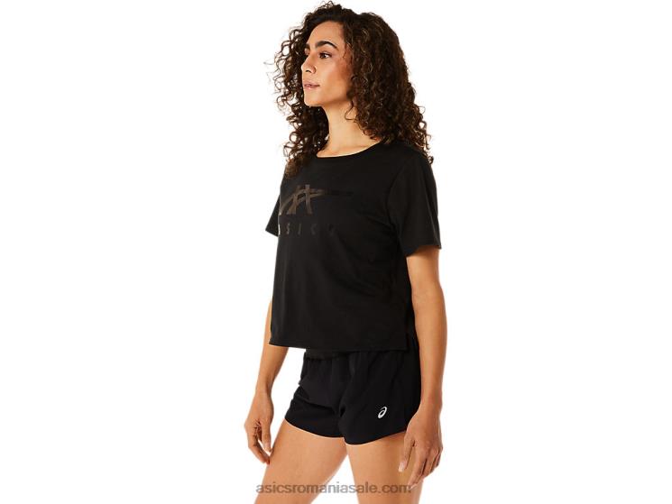 Asics negru de performanță tricou boxy cu mânecă scurtă în dungi pentru damă ZF4642815