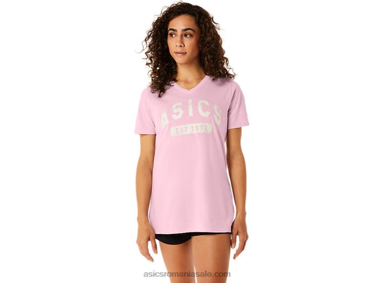 Asics sare roz tricou de damă cu mânecă scurtă est 1977 cu decolteu în V ZF4642275